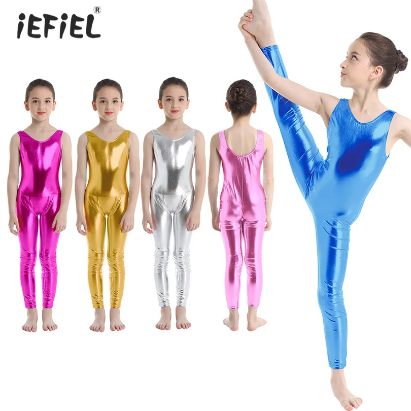 New Kids Girls Ballet Costume Sleeveless Shiny Metallic Gymnastics Leotard Unitard Ballerina Performance Dancewear Children Sets