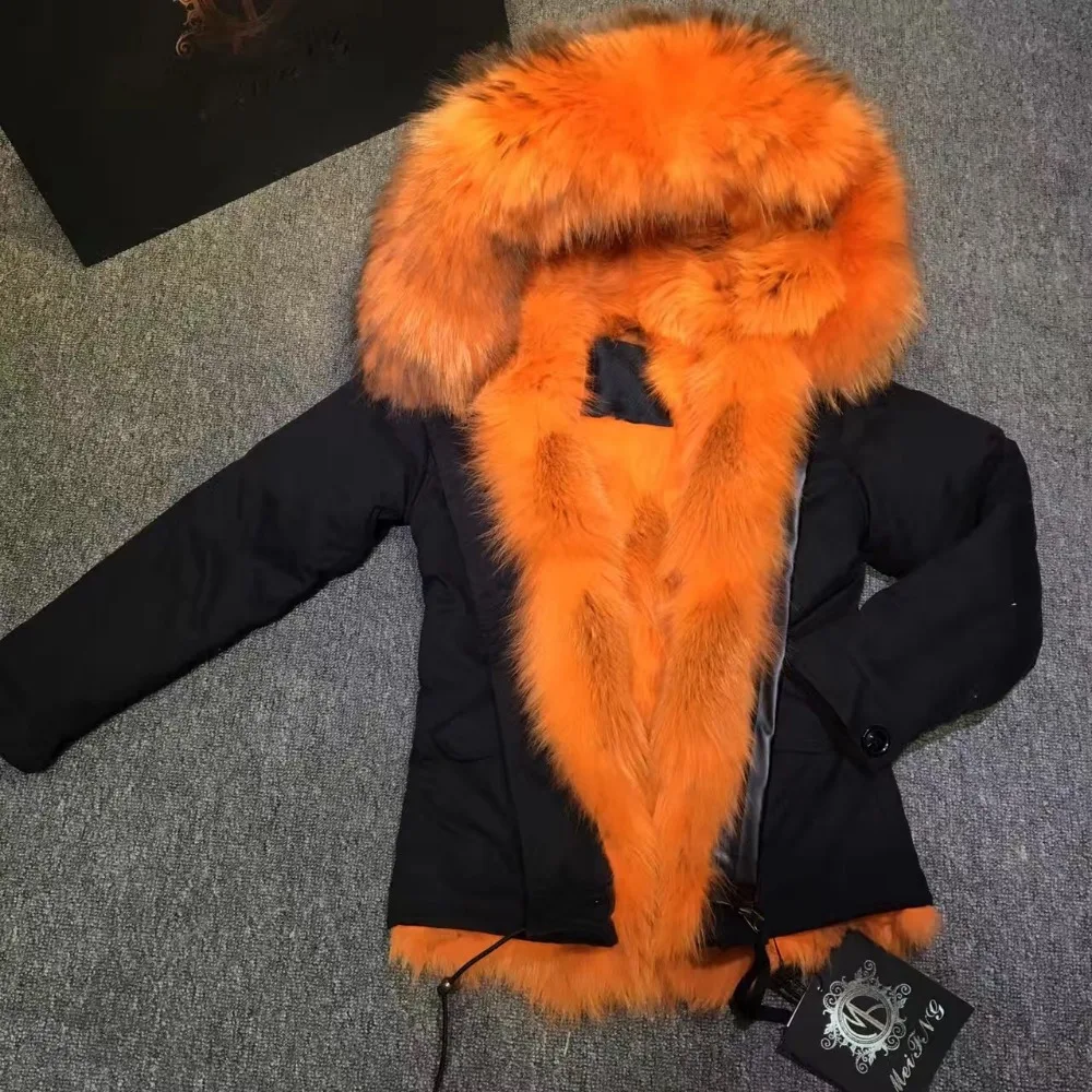 Orange Fox Fur Lining With Black Waterproof Shell Parka Fashion Fox Fur Overcoat For Ladies Winter Wear