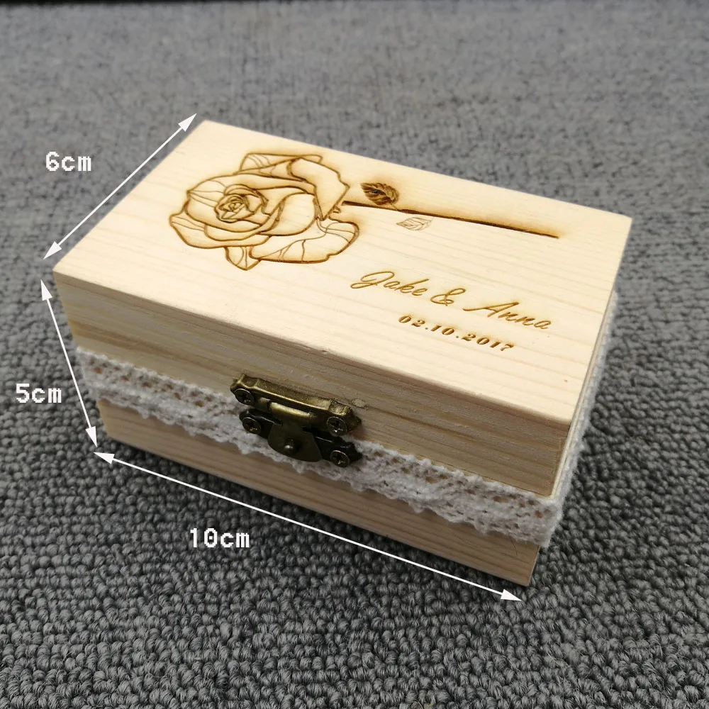 Personalized Gift Rustic Wedding Ring Bearer Box Custom Engraving Rose Your Names and Date Engrave Wood Wedding Ring Box Lace