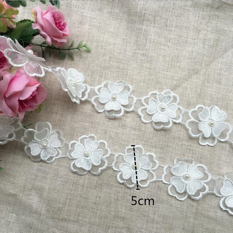 White Pearl Flower Handmade Beaded Embroidered Lace Edge Trim Ribbon Double Layered Applique Dress DIY Sewing Craft