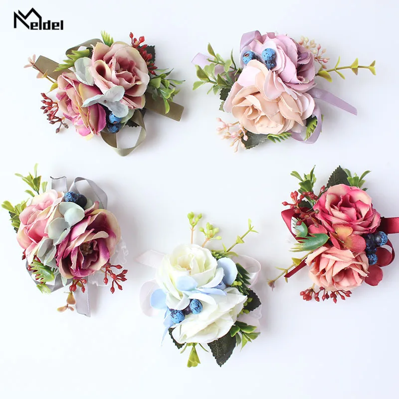 Meldel Korsase Pengantin Boutonniere Pin Bridal Gelang Biru Merah Marun Bridesmaid Bunga Mawar Gelang Pernikahan Persediaan