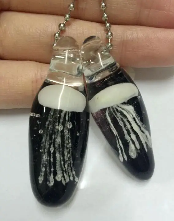 2PCS 100% handcraft White Jellyfish New Hand Blown Glass Pendant Black Tentacles Necklace Black Rope