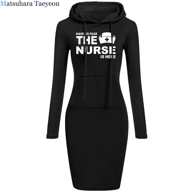 Have No Fear The Nurse Is here Winter Warm Sweater Long-sleeved Dress Woman Clothing Collar Pocket Design Simple Woman Dress