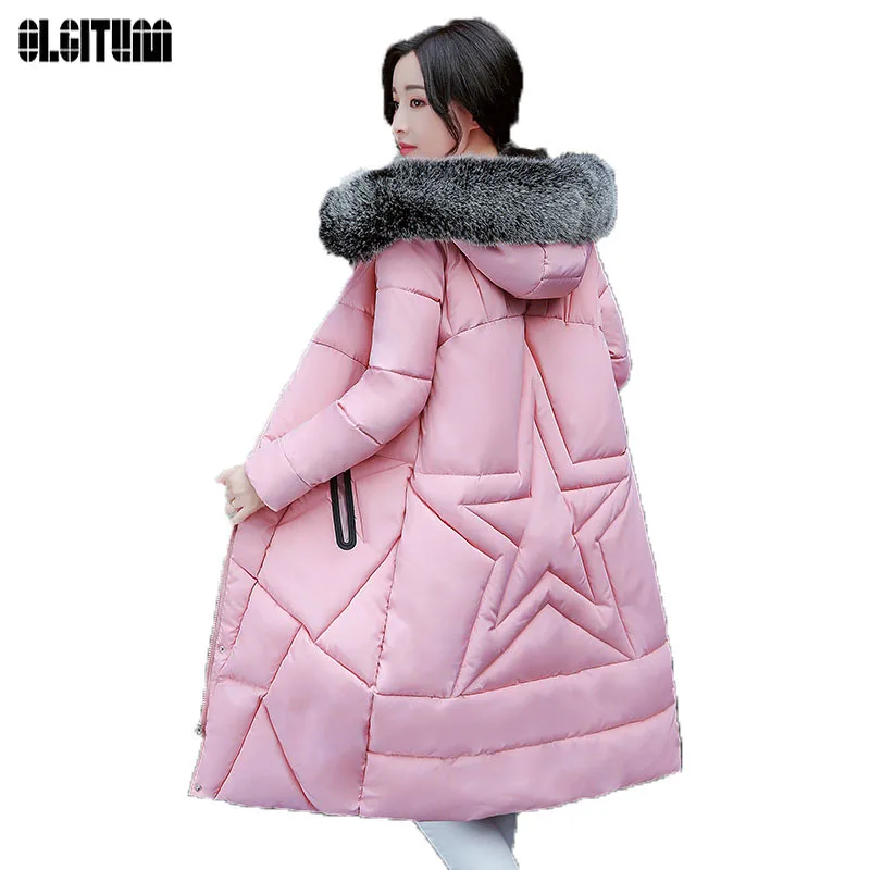 

OLGITUM 2019 new autumn and winter women's cotton down jacket long cotton clothing collar cotton jacket hooded jacket CC406