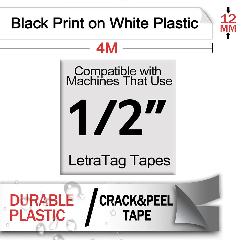 2 Pcs Compatible for DYMO LetraTag Label Tape 91201 Black on White 12mm*4m Plastic for DYMO Letra tag Label Printer Label Maker