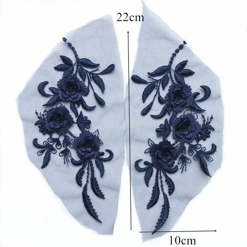 2 PCS 22 CENTIMETRI Ricamato Sew On Patch Navy Blu Fiori Nappa Lace Trim Maglia Appliques Da Sposa Per La Sposa Da Sera vestito FAI DA TE Decor