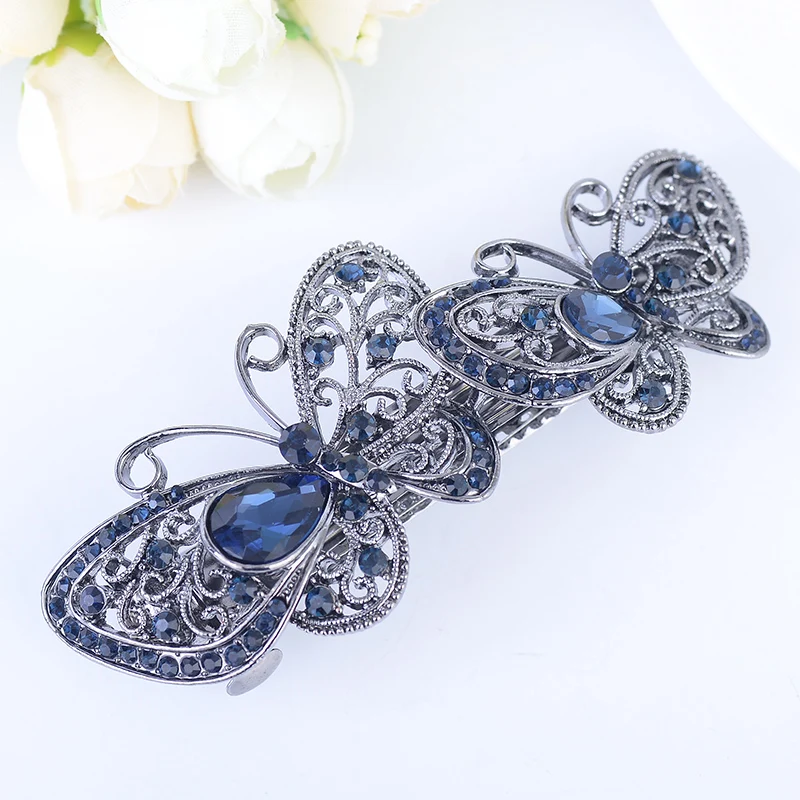 EASYA Vintage Fashion Double Butterfly Hairpin Hair Clips Ornaments New Arrival Big Rhinestone Crystal Animal Barrettes Hairwear