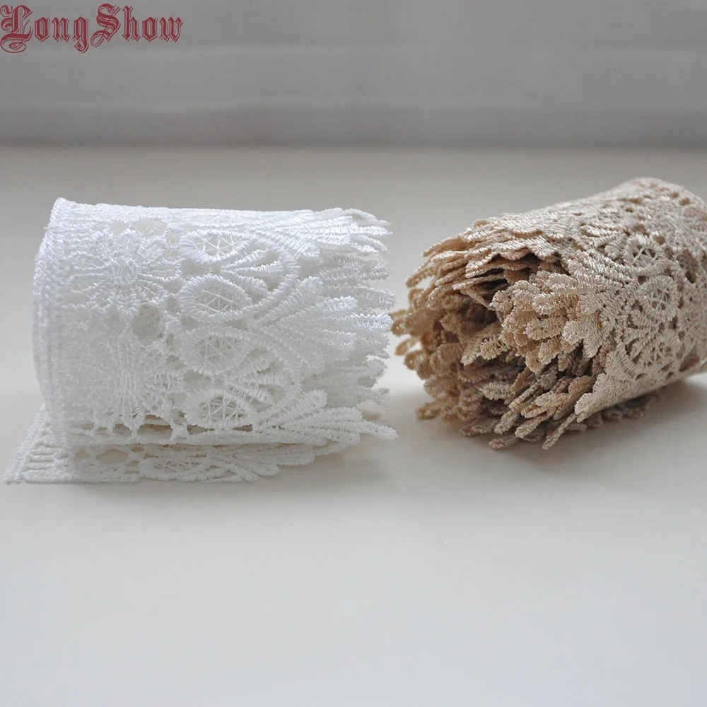 1 Lot 4Yards 8cm Width White Light Coffee Colour 100% Polyester Embroidered Lace Trim For Apparel Decoration