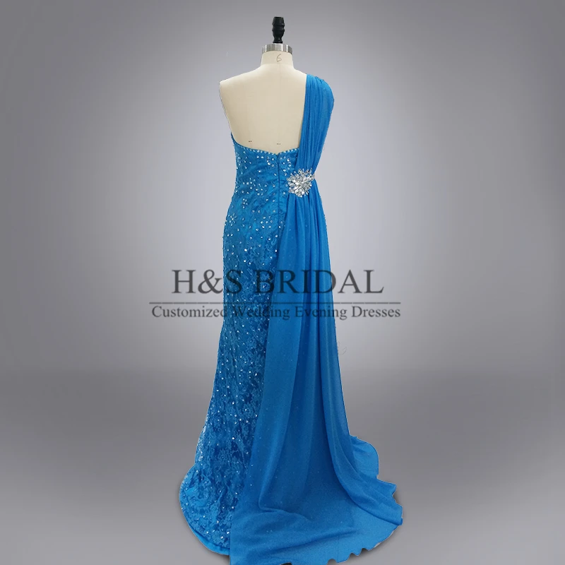 Vestido de noche de sirena de encaje azul de diseñador de fotos reales, vestido de noche elegante de un hombro con cuentas de piedra