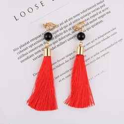Bohemian Long Statement Tassel Clip On Earrings 9 Color For Female Non Pierced Dangle Trendy Cotton Rope Fringe Clip Ear Gift