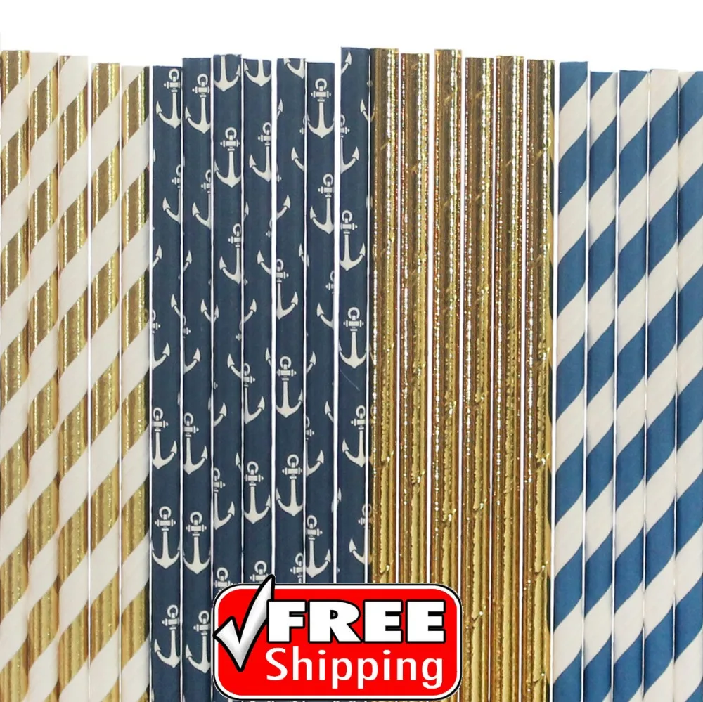 200 Pcs Mixed 4 Styles Navy Blue Gold Foil Themed Paper Straws-Anchor,Plain,Solid Color,Stripe-Boy Birthday Nautical Party Bulk