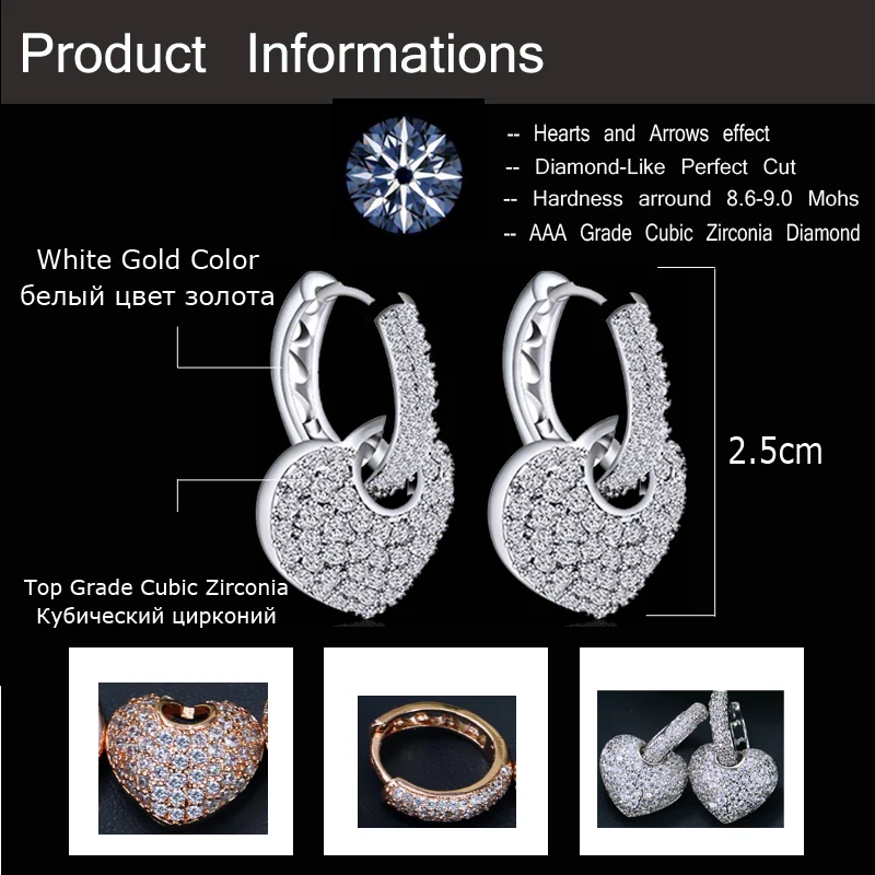 CWWZircons Micro Pave Cubic Zirconia Rose Gold Color Heart Hoop Earrings And Necklace Famous Brand Jewelry Sets For Women  T082