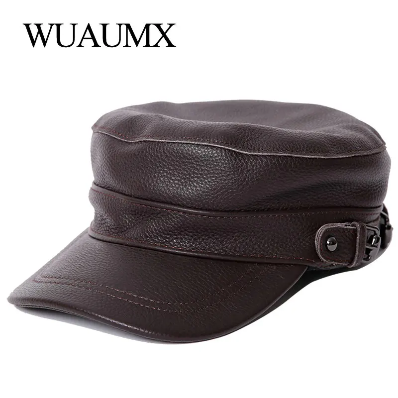 Brand Genuine Leather Military Hats For Men Women Flat Top Newsboy Cowskin Hat Winter Men's Cow Leather Baseball Caps