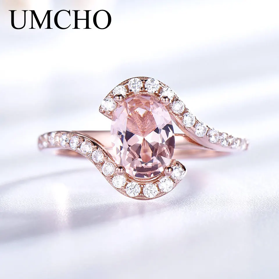 

UMCHO Gemstone Nano Morganite Rings for Women Rose Gold Color 585 Solid 9235 Sterling Silver Wedding Band Party Gift for Women