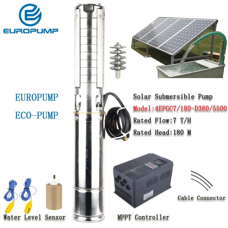 

EUROPUMP, 4 дюйма, 7,5 л.с., розетка, 1,25 дюйма, подъем, расход 180 м, 7000 л/ч, высокоскоростной солнечный водяной насос, контроллер MPPT, МОДЕЛЬ (4EPGC7/180-D380/5500)