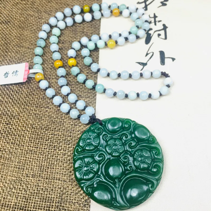 

Zheru Jewelry Pure Natural Jasper Carved Good Fortune Plum Pendant Tricolor Jadeite Bead Necklace Send Class A Certificate