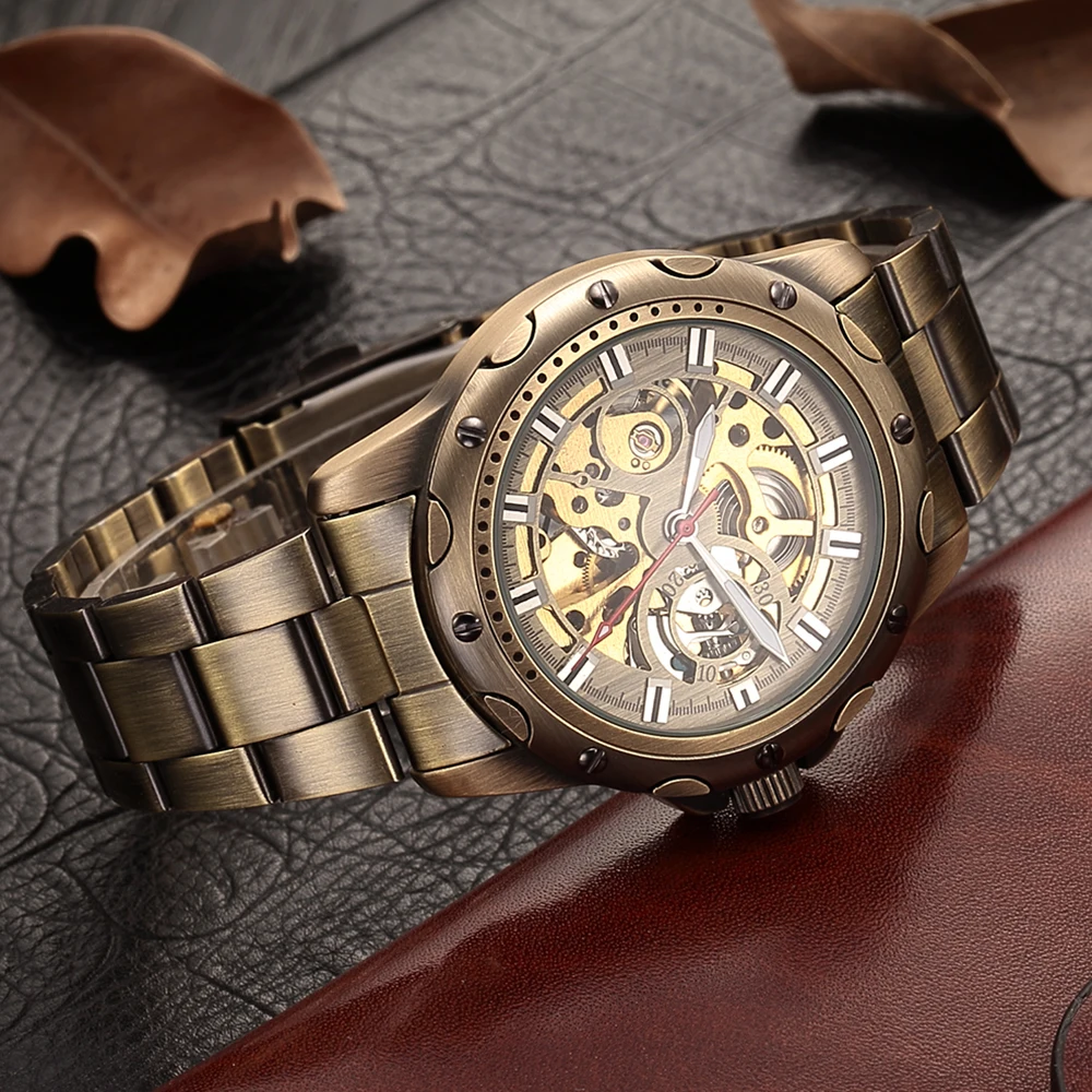 SHENHUA Mens Watches Vintage Clock Bronze Skeleton Automatic Wristwatch Mechanical Self Winding Steel Strap Relogio Masculino