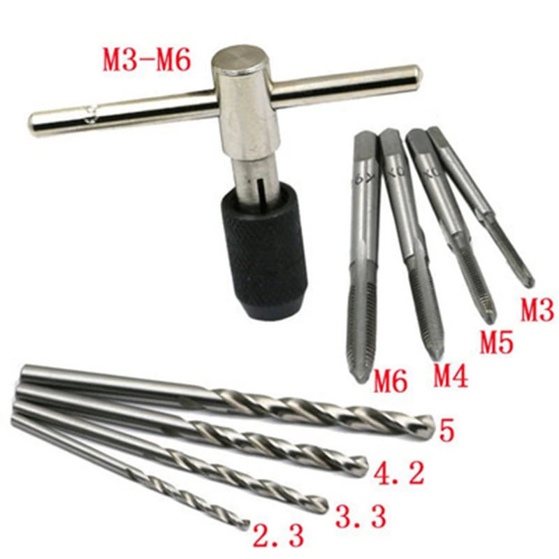 9pcs/Set T Type Machine Hand Screw Thread Taps Reamer M3/M4/M5/M6 Reamer Tap Wrench+Twist Drill Bits Wrench Tool