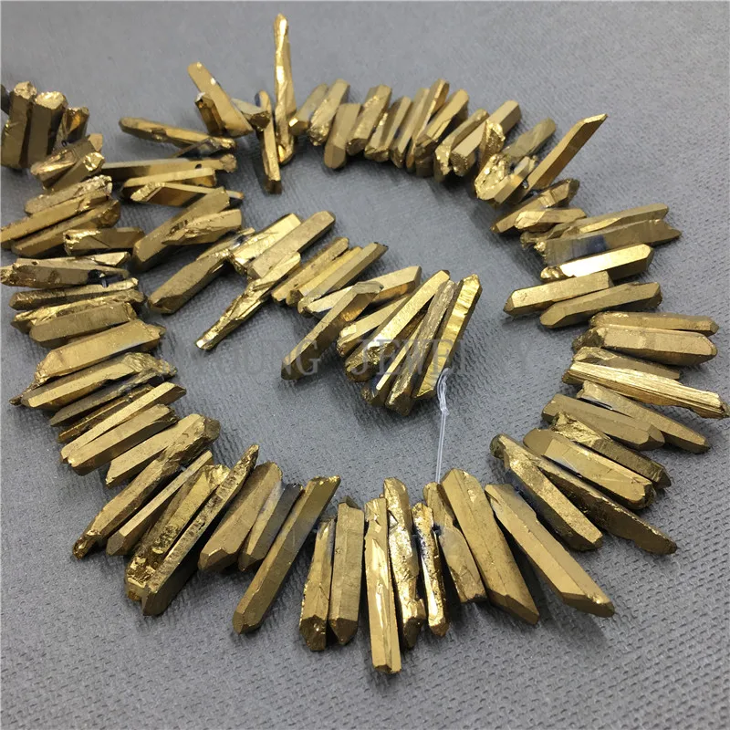 

MY0785 Natural Crystal Quartz Titanium Stick Beads,Gold Coated Spike Point Beads,Raw Quartz Top Drilled Necklace Beads