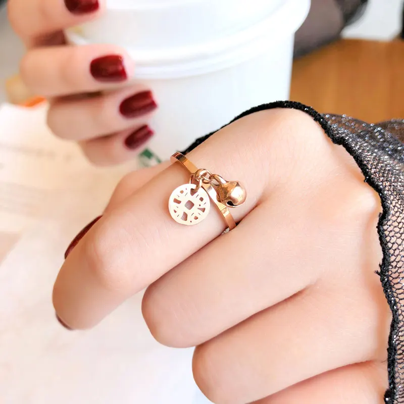 YUN RUO Claaic Vintage Lucky Copper Coin Ring Rose Gold Color Lady\'s Birthday Gift Woman Fashion Titanium Steel Jewelry Not Fade