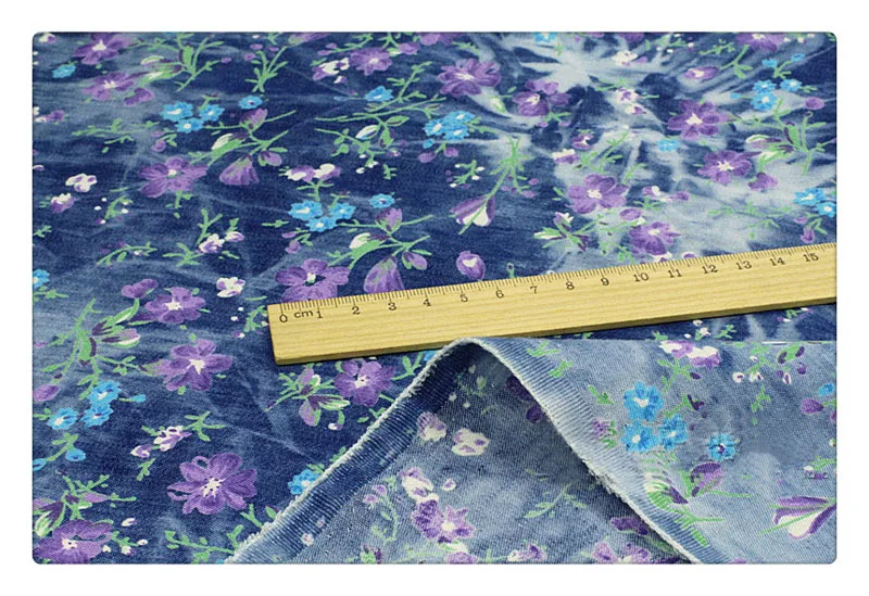 145*50cm 1pc Fasion Denim tkaniny 100% bawełna Denim tkaniny kwiatowy Print cienki dżins tkaniny materiał do szycia Diy kobiety dziewczyna sukienka