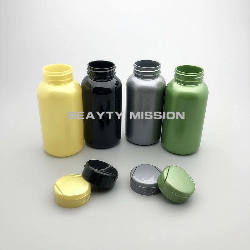 BEAUTY MISSION 200cc 30Pcs/Lot Medical PET Empty Bottle, Yellow/Green/Gray/Black Pull Lid Bottle, 200ml Capsule Flip Cap Bottle