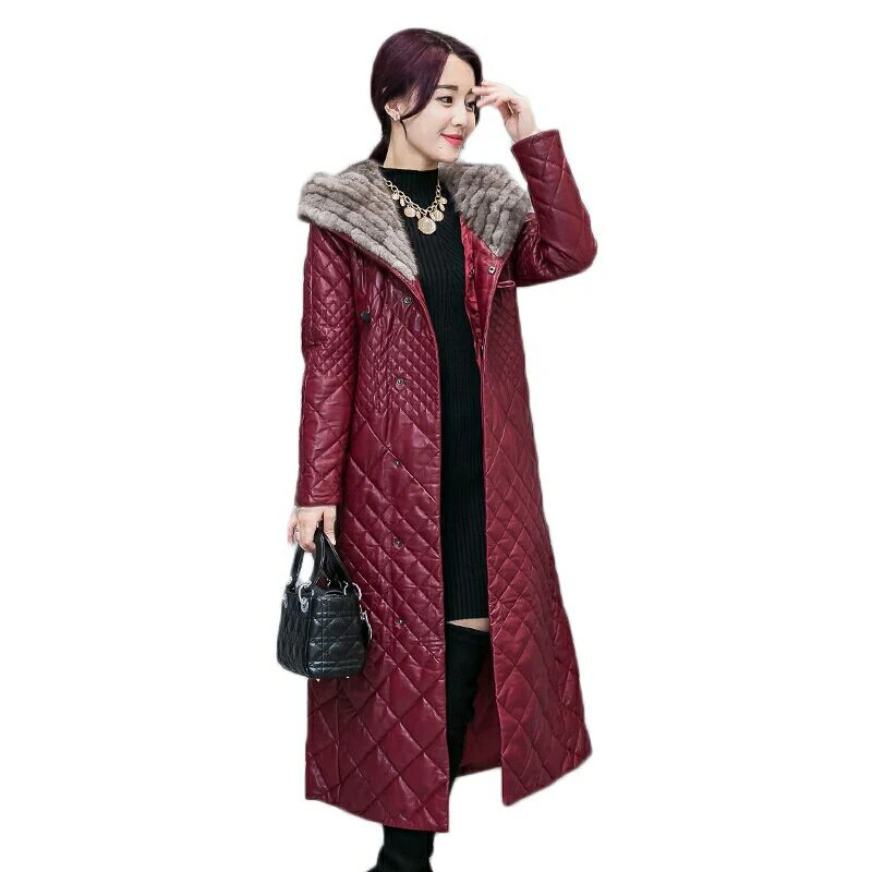 5XL High quality Winter Women Sheep Leather Down Jacket Big fox fur collar Hooded Coat Female Plus size Thicken Warm Long Coats