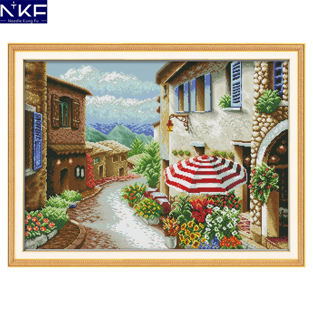 

NKF A Street View Cross-Stitch Embroidery Designs Needlepoint Christmas Stocking Kits Stamped Cross Stitch for Home Decoration