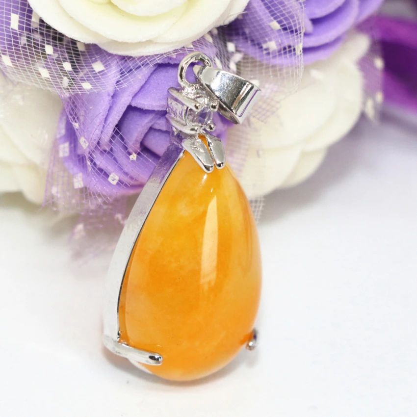 Special design teardrop yellow jades stone beads pendant charms women elegant accessories silver plated jewelry 16*31mm B1850