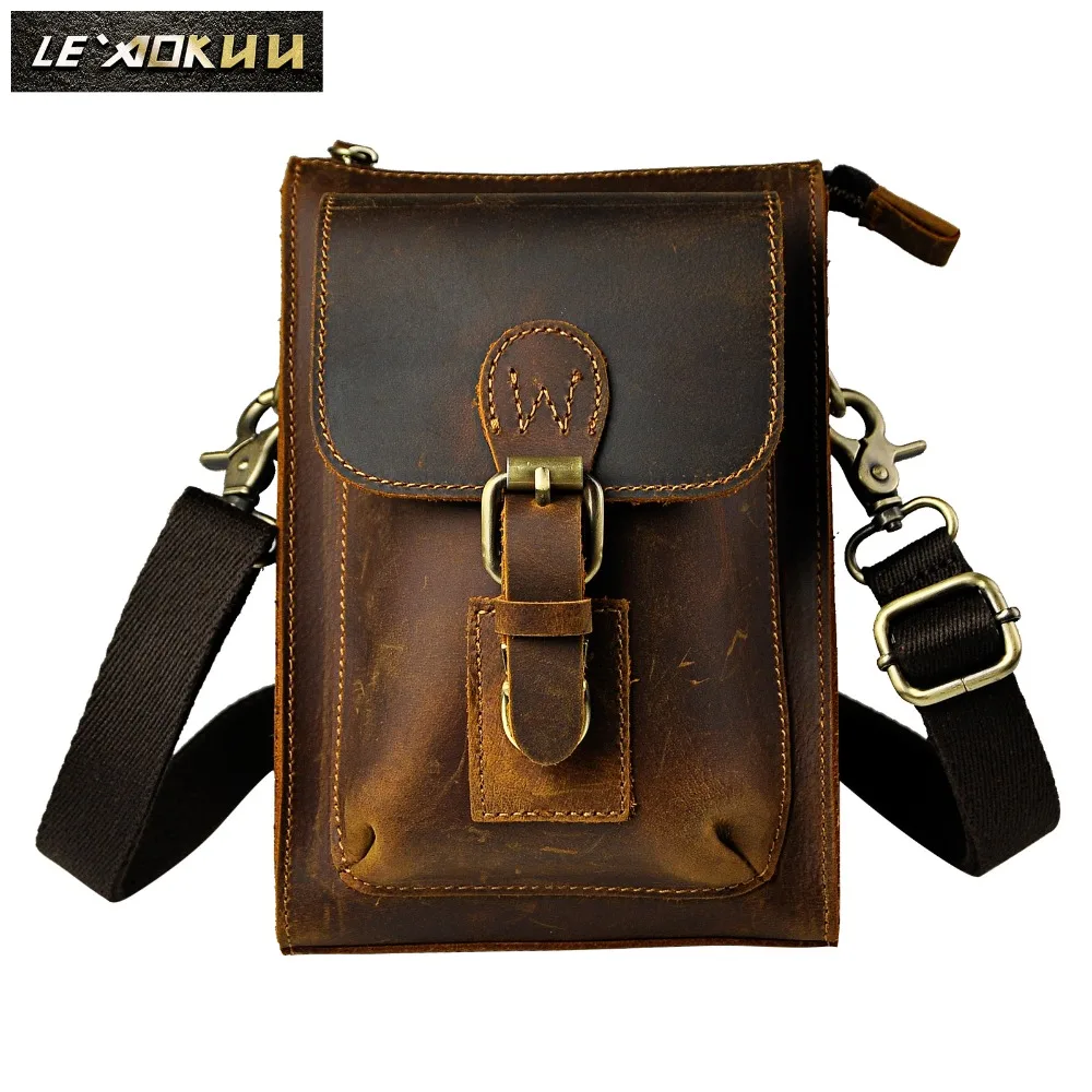 Original Leather Male Casual Vintage Design Shoulder Messenger bag Multifunction Fashion Belt Waist bag Summer Phone Pouch 6402