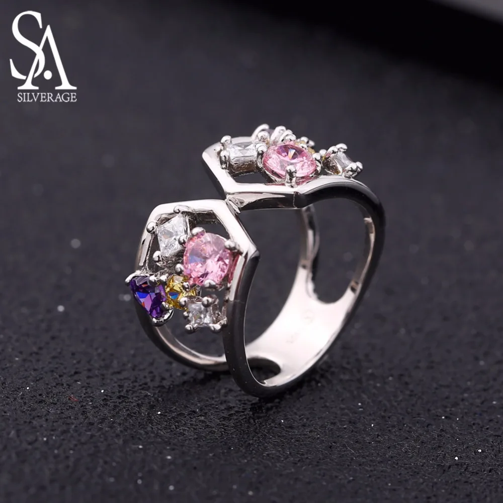 

SA SILVERAGE Authentic 925 Sterling Silver Colorful AAA Zirconia Wedding Rings for Woman 925 Silver Ring/Yellow Gold Plated Ring