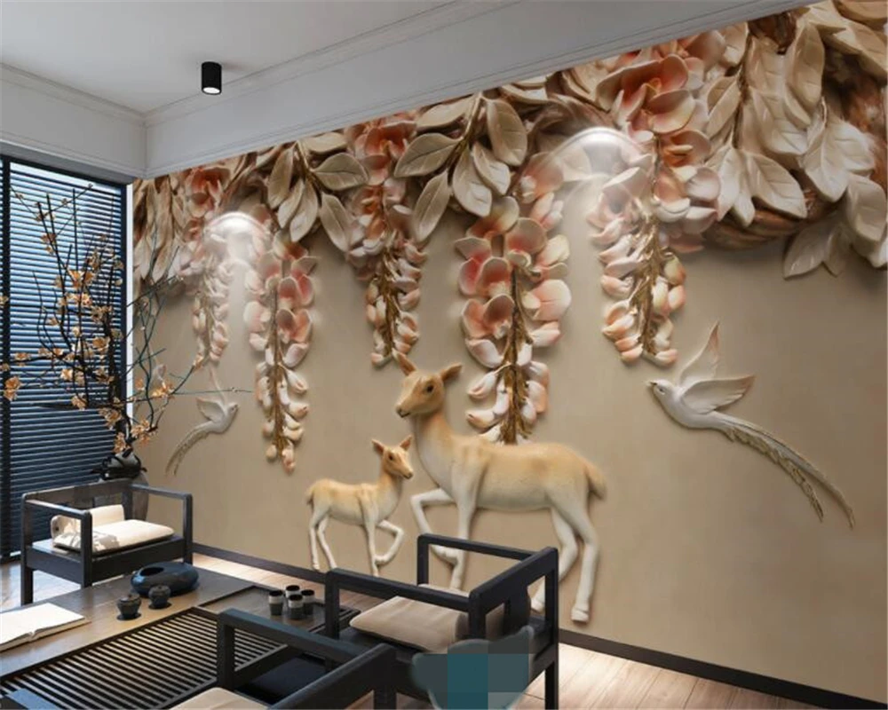 

beibehang Custom 3d wallpaper mural three-dimensional relief Elk flowers and birds TV sofa background wall 3d wallpaper behang