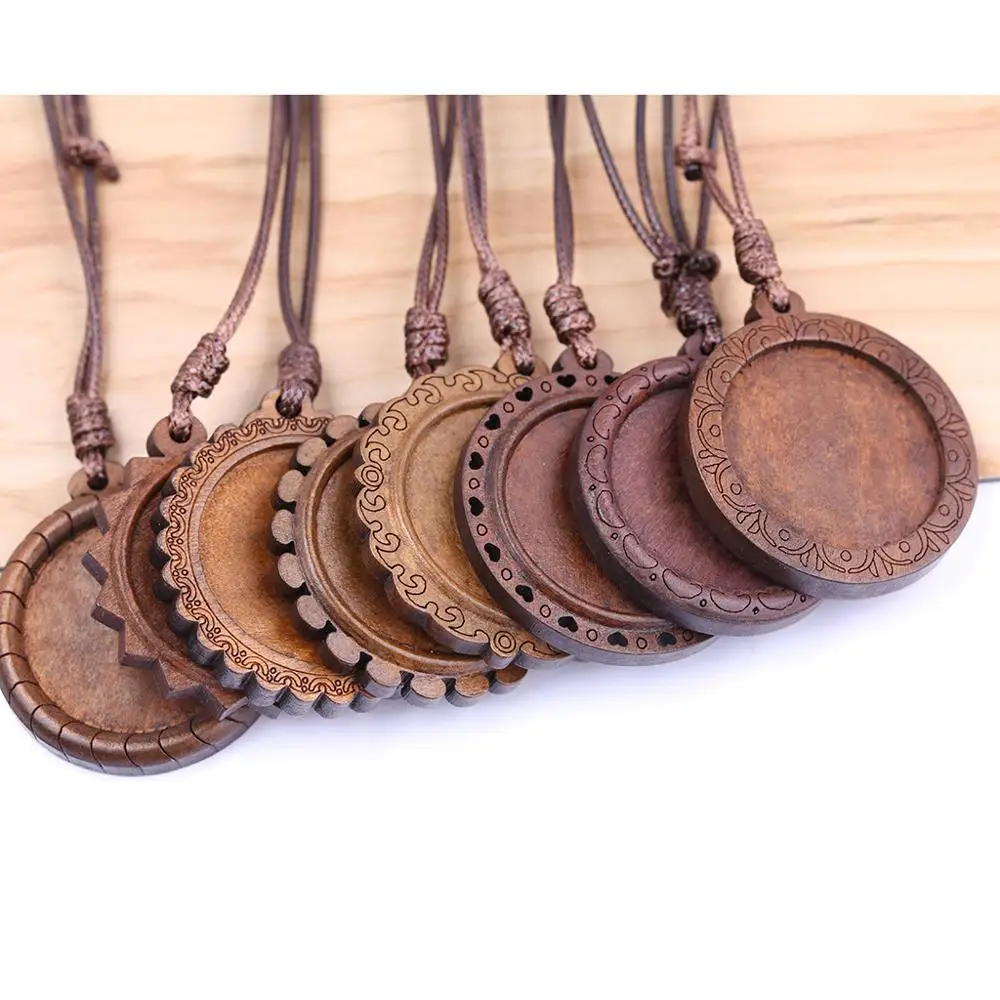 Reidgaller 5 sztuk 30mm woodd cabochon wisiorek ustawienia bazy z skórzany sznur diy pusta ramka tace dla naszyjnik tworzenia biżuterii