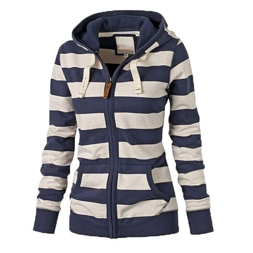 Women Warm Striped Hoodie Sweatshirt Top Hooded Pockets Jacket Zipper Coat