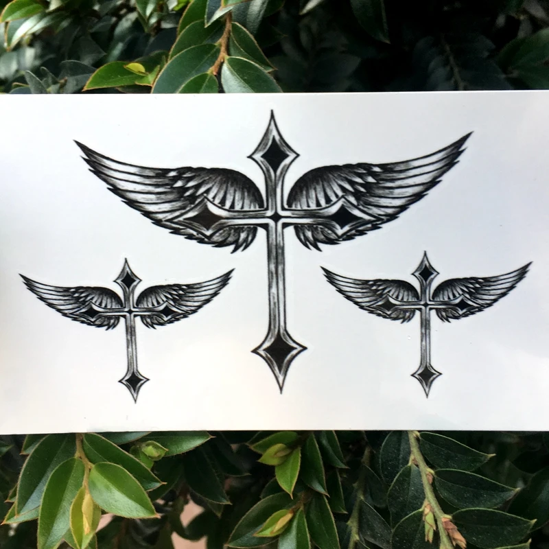 2018 Nieuwe Waterdichte Tijdelijke Tattoo Sticker Black Angel Wing Cross Tatto Flash Tatoo Fake Tattoos Voor Vrouw Man 10.5*6 Cm