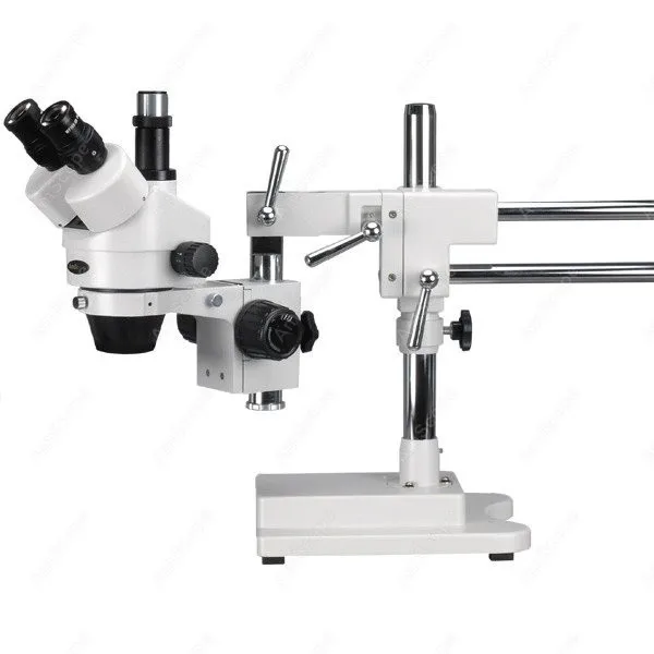 Simul-Focal Stereo Zoom Microscope--AmScope Supplies 3.5X-90X Simul-Focal Stereo Zoom Microscope on Dual Arm Boom Stand