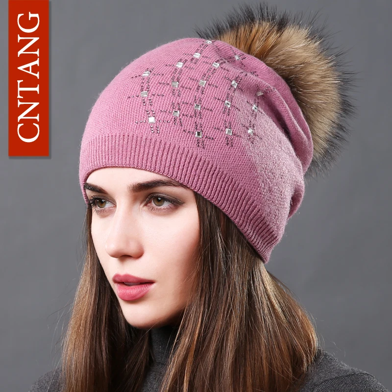 CNTANG Wool Knitted Hats Fashion Rhinestone Glass Women Autumn Winter Warm Caps Natural Raccoon Fur Pompom Hat For Female Beanie