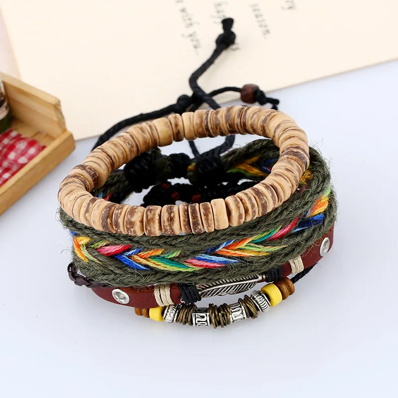 3Pcs/Set Boho Gypsy Hippie Punk Wooden Beige Coconut Wood Beads Brown Leather Rainbow Cord Wrap Bracelets Set for Man