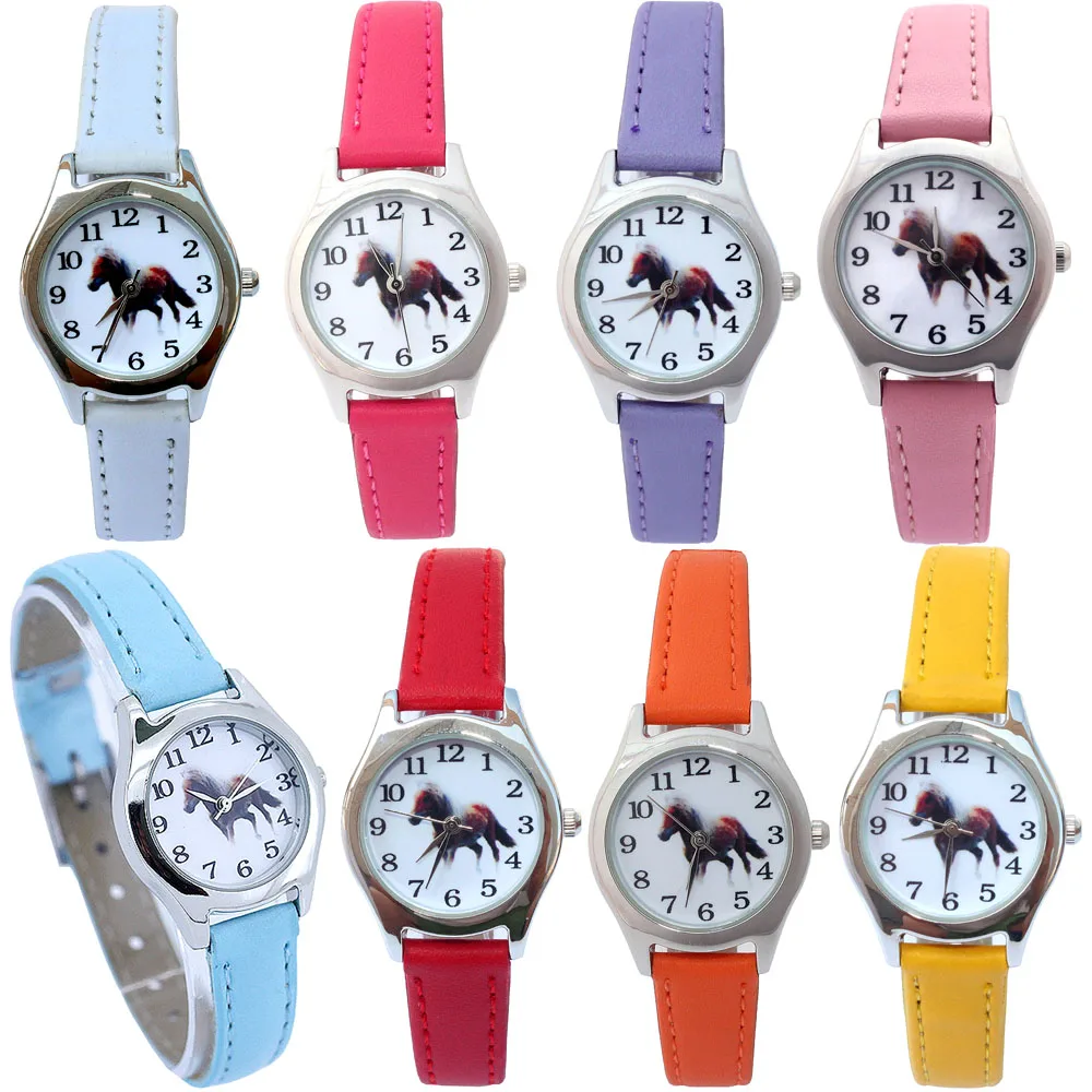 10 teile/los, Gemischte Nette Mädchen Damen Uhr Kinder Uhren Pferd Rosa Leder Quarz Student Kinder Tier Cartoon Kinder Armbanduhr