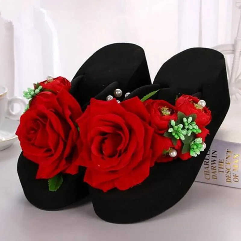 Most Popular 2024 New Original Handmade Flowers pearl Flip-Flops Summer Women Shoes Sandals Platform Wedges Shoes Woman Sandals