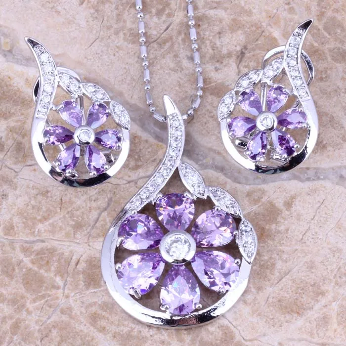 Magic Purple Cubic Zirconia White CZ Silver Plated Earrings Pendant Necklace Jewelry Sets S0787