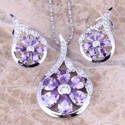 Magic Purple Cubic Zirconia White CZ Silver Plated Earrings Pendant Necklace Jewelry Sets S0787