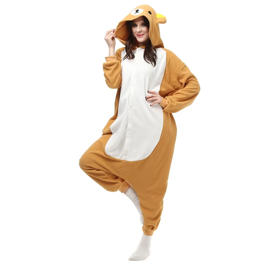 Adulto polar velo kigurumi feminino cosplay traje rilakkuma homem dos desenhos animados animal onesies pijama halloween carnaval festa roupas