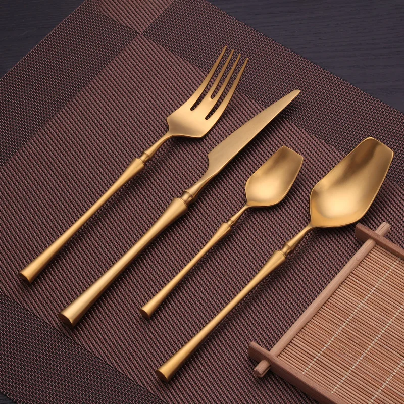 Pure Gold Matte Cutlery 18/8 Stainless Steel 4pieces Portable Metal Restaurant Dinnerware Knife Fork Set Tableware Christmas