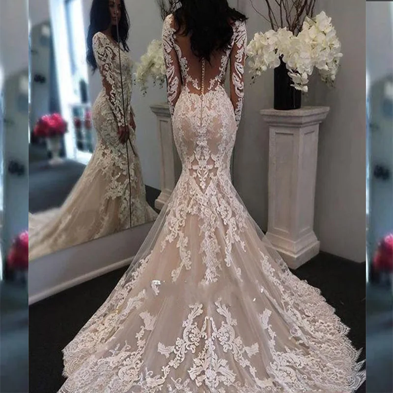 

Vestido de noiva Hot Long Sleeves Lace Mermaid Wedding Dress 2023 Sexy Sheer Illusion See Trough Vestidos de novia