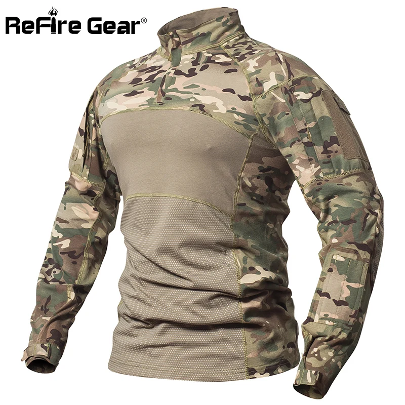 ReFire Gear Tactical Combat Shirt Men Cotton Military Uniform Camouflage T Shirt Multicam US Army Clothes Camo Long Sleeve Shirt