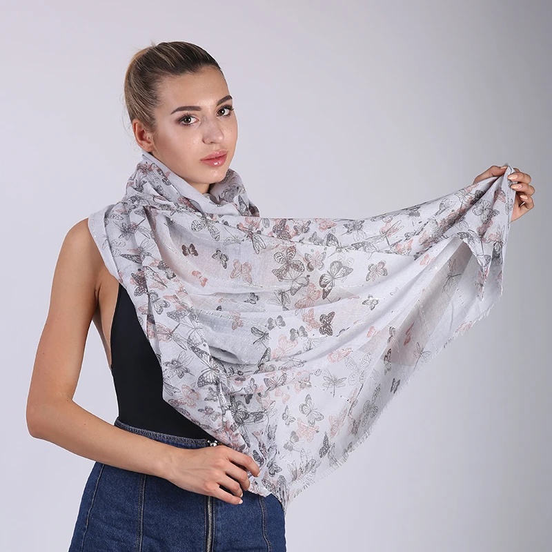 Jinjin.QC Women Butterfly Pattern Sequins Cotton Fringe Scarf girl Shawls and Wraps echarpe foulard femme lady viscose Hijabs