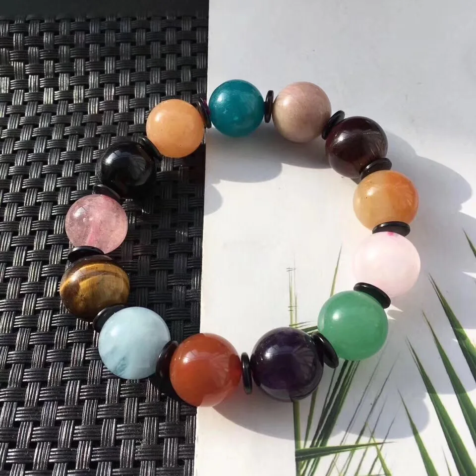 14mm Natural Mixed Stone Bracelet For Women Men Amazonite Amethyst Rose Quartz Aquamarine Chalcedony Beads Crystal Strands AAAAA