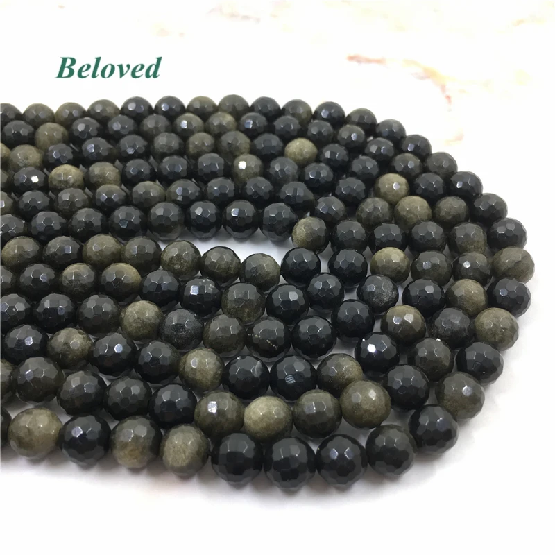 Faceted Flash Golden Obsidian Stone Loose Beads, 5Strands/lot Natural Gems Necklace Making Beads, BG18014