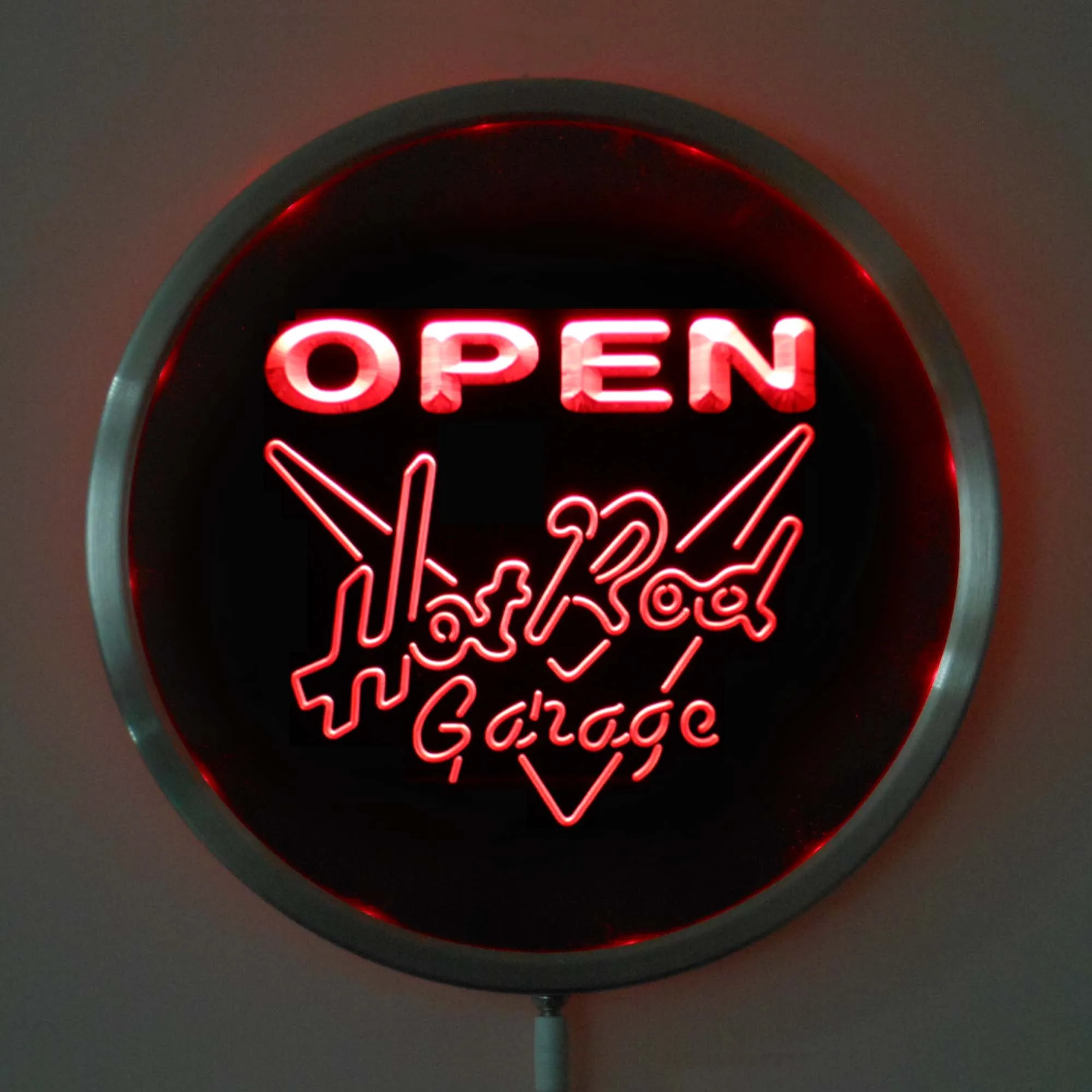 rs-0068 Hot Rod Garage OPEN LED Neon Round Signs 25cm/ 10 Inch - Bar Sign with RGB Multi-Color Remote Wireless Control Function